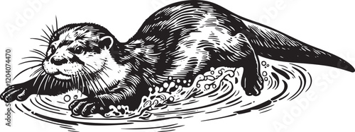  Vector Illustration of Two Otters Swimming in Water - Black and White Outline Art