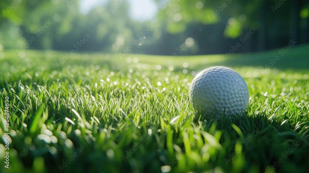 Obraz premium Golf ball on green, sunlit course, nature background, sport