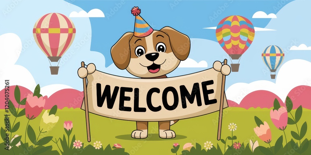 Fototapeta premium Happy Puppy Welcomes You With A Banner In A Festive Field