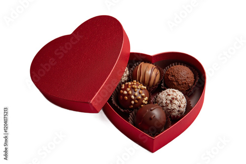 A heart-shaped box of chocolates opened to reveal assorted truffles.