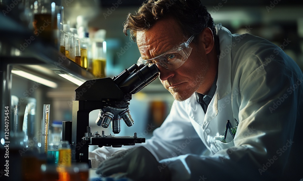Scientist using microscope in lab, research, discovery Scientist using microscope in lab, research, discovery