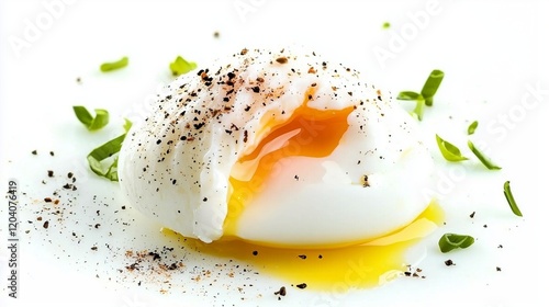 A perfectly poached egg with runny yolk, garnished with herbs and pepper, isolated on a white background.