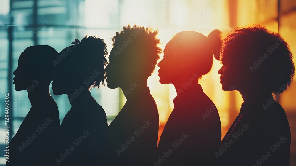 Silhouettes of four young adults stand in profile Silhouettes of four young adults stand in profile