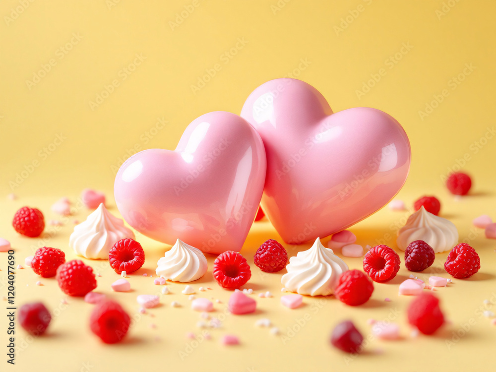 Obraz premium Pink heart-shaped desserts surrounded by raspberries, strawberries, and meringues on a yellow background.