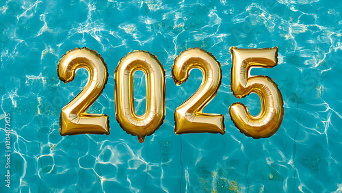 The letters 2025 are in gold like balloons floating on blue water. photo