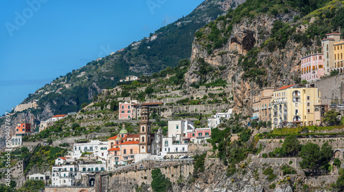 The picturesque village of Atrani on the coast near the Italian city of Amalfi on a sunny day