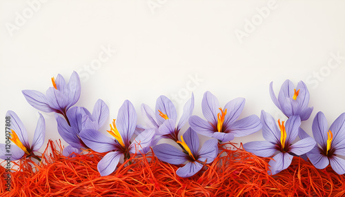 Dried saffron spice and Saffron flowers photo