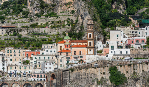 The picturesque village of Atrani on the coast near the Italian city of Amalfi on a sunny day
