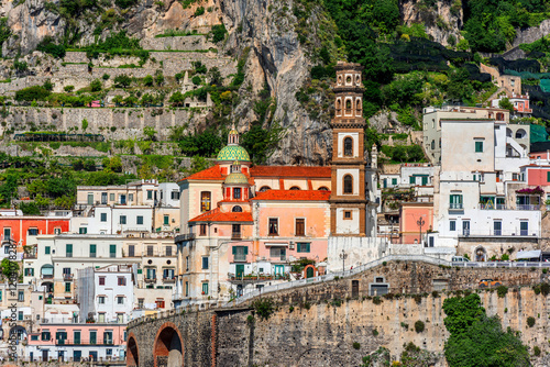 The picturesque village of Atrani on the coast near the Italian city of Amalfi on a sunny day