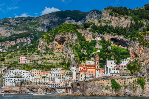 The picturesque village of Atrani on the coast near the Italian city of Amalfi on a sunny day
