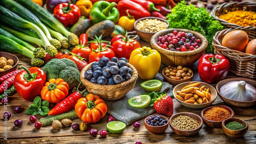 Vibrant Healthy Food Collection: Fruits, Vegetables & Nuts, Tilt-Shift Photography Vibrant Healthy Food Collection: Fruits, Vegetables & Nuts, Tilt-Shift Photography