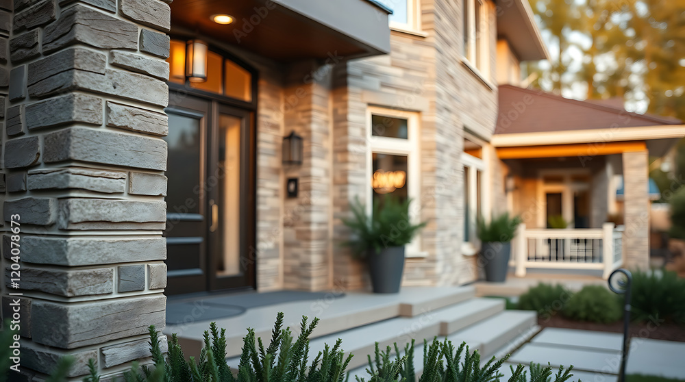Fototapeta premium Luxury Home Exterior: Modern Brick and Stone Architecture. A stunning design with a grand entrance and meticulous landscaping.
