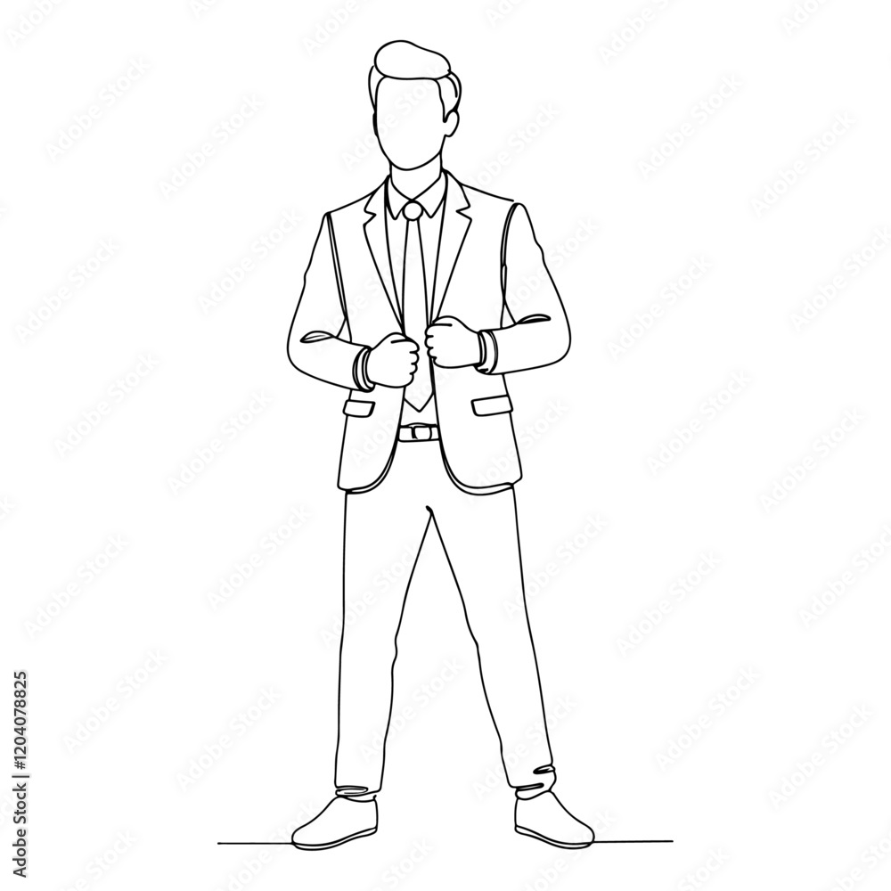 Confident business professional in suit and tie standing with hands on jacket in minimalist line Art style Confident business professional in suit and tie standing with hands on jacket in minimalist line Art style