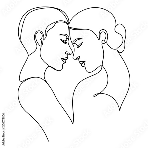 Continuous line drawing portrait of young couple in love posing