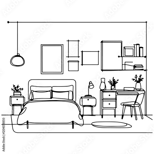 Minimalist bedroom design with functional furniture, nightstands, lamps, desk and chair, frames
