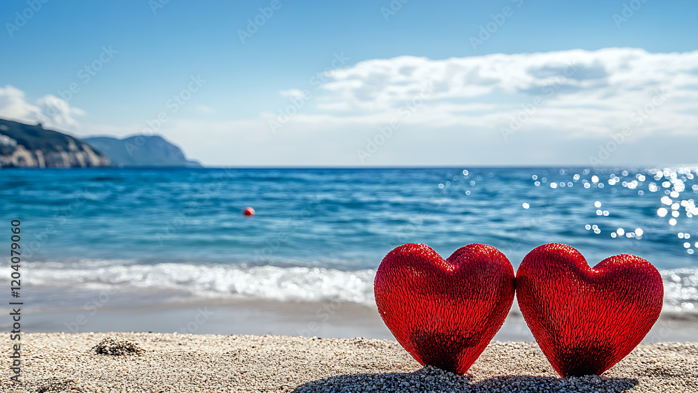 Fototapeta premium Two red hearts lie on a sandy beach, with the sea and sky blurring in the background.