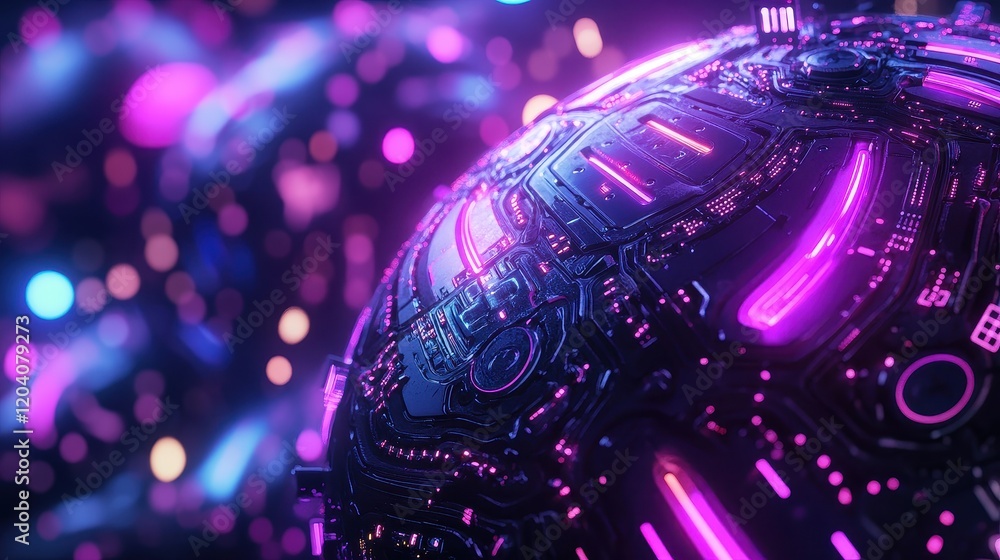 a spherical virus structure with intricate glowing circuits, futuristic style, vibrant colors, close up, focus on, copy space a spherical virus structure with intricate glowing circuits, futuristic style, vibrant colors, close up, focus on, copy space