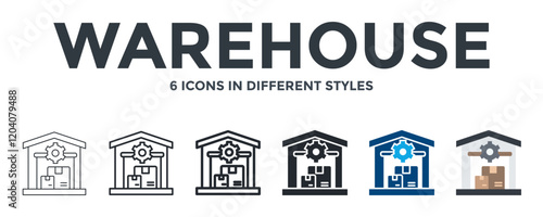 Warehouse Icon In Different Style Vector Illustration. Designed In Thin Line, Regular Line, Bold Line, Glyph, Color Fill, And Flat Style Can Be Used For Web
