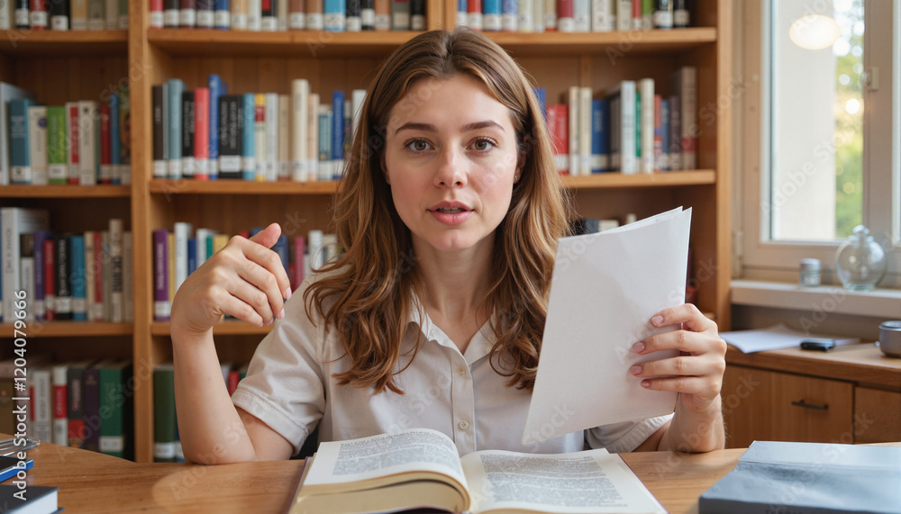Young woman explaining while studying with notes in a library
