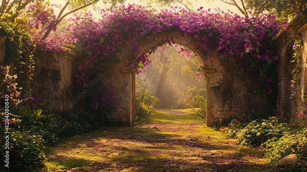 Obraz premium Sunlit archway, purple flowers, garden path, morning mist, tranquil scene, fantasy backdrop.
