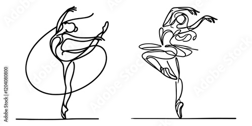 Set of two graceful  ballerina performing an elegant ballet positions, continuous line art drawing