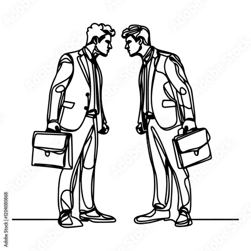 Two businessmen in suits facing each other with briefcases, engaged in confrontational stance line, line art drawing