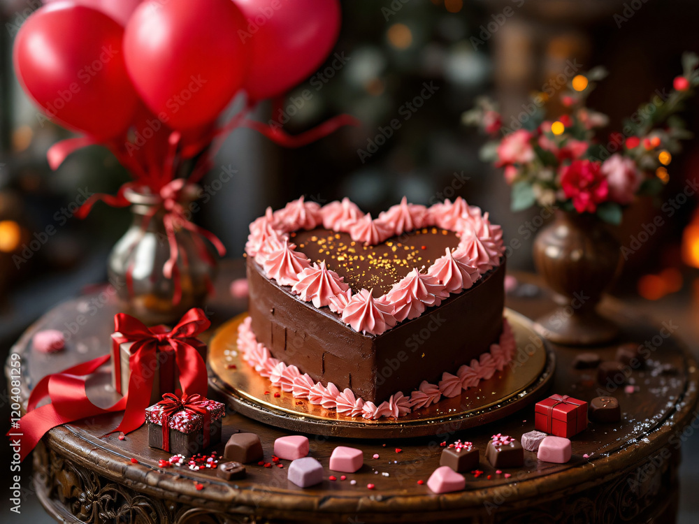 Chocolate heart-shaped cake with chocolates and balloons for Valentine's Day celebration. Chocolate heart-shaped cake with chocolates and balloons for Valentine's Day celebration.