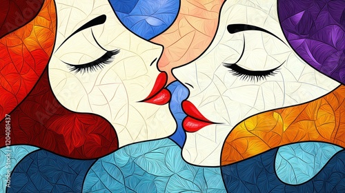 Colorful abstract illustration of two women kissing, showcasing love and connection through vibrant hues. photo