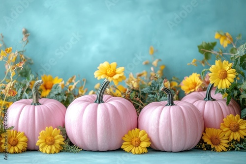 Pastel pink pumpkins with yellow flowers creating a charming Halloween aesthetic.