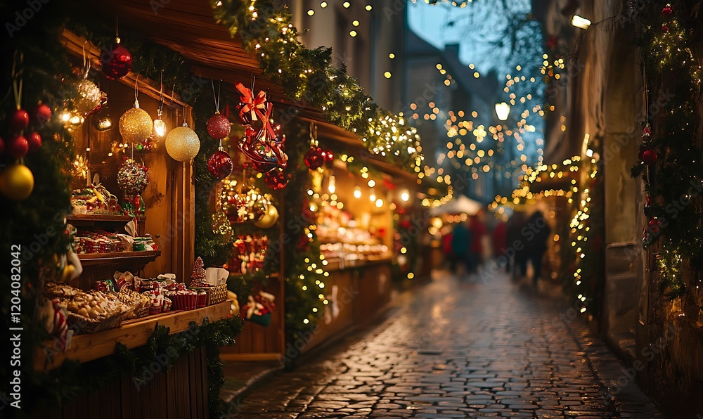 Festive Christmas market street at night with wooden stalls, ornaments, lights, and cobblestone path. Festive Christmas market street at night with wooden stalls, ornaments, lights, and cobblestone path.