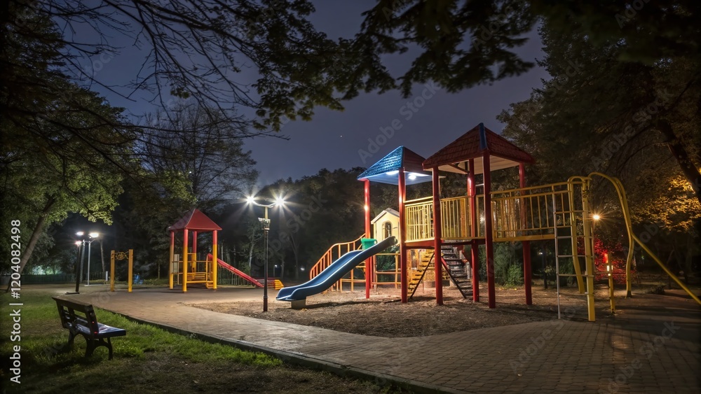 Vibrant Playground at Night, Colorful Swings and Slides in Dark Park Vibrant Playground at Night, Colorful Swings and Slides in Dark Park