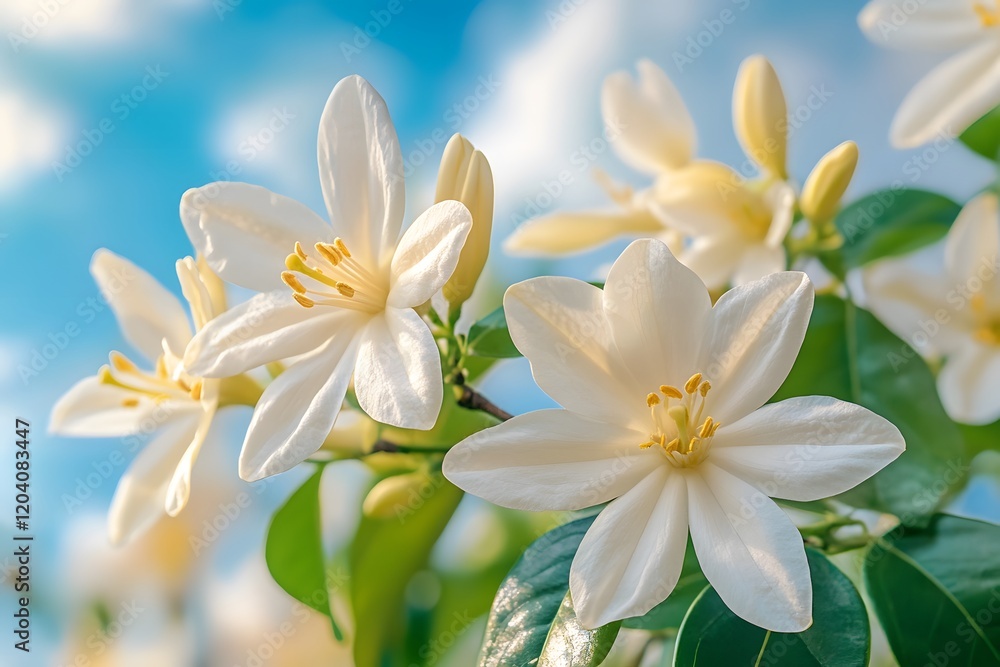 Naklejka premium Delicate White Flowers Blooming Under a Blue Sky