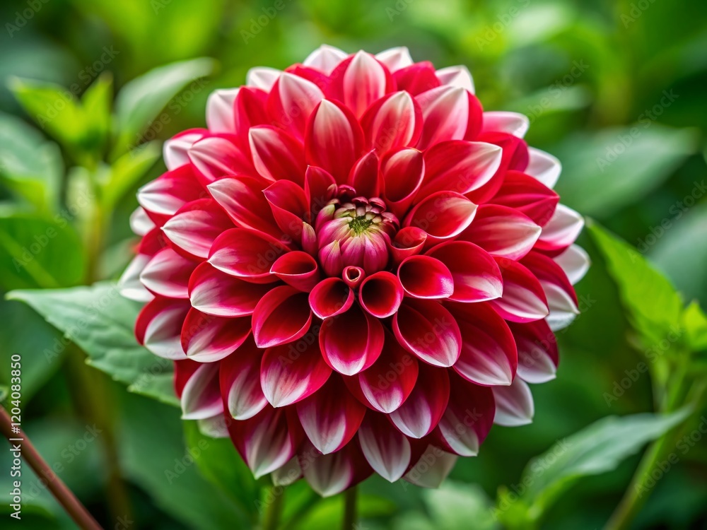 Vibrant Red Dahlia with White Tips in Lush Green Foliage - Stunning Floral Stock Photo Vibrant Red Dahlia with White Tips in Lush Green Foliage - Stunning Floral Stock Photo