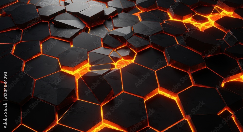 A futuristic 3D illustration of a geometric abstract design featuring cracked black tiles with glowing orange light emanating from the cracks A futuristic 3D illustration of a geometric abstract design featuring cracked black tiles with glowing orange light emanating from the cracks