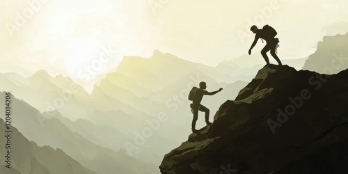 Climbers assist each other against mountain landscape