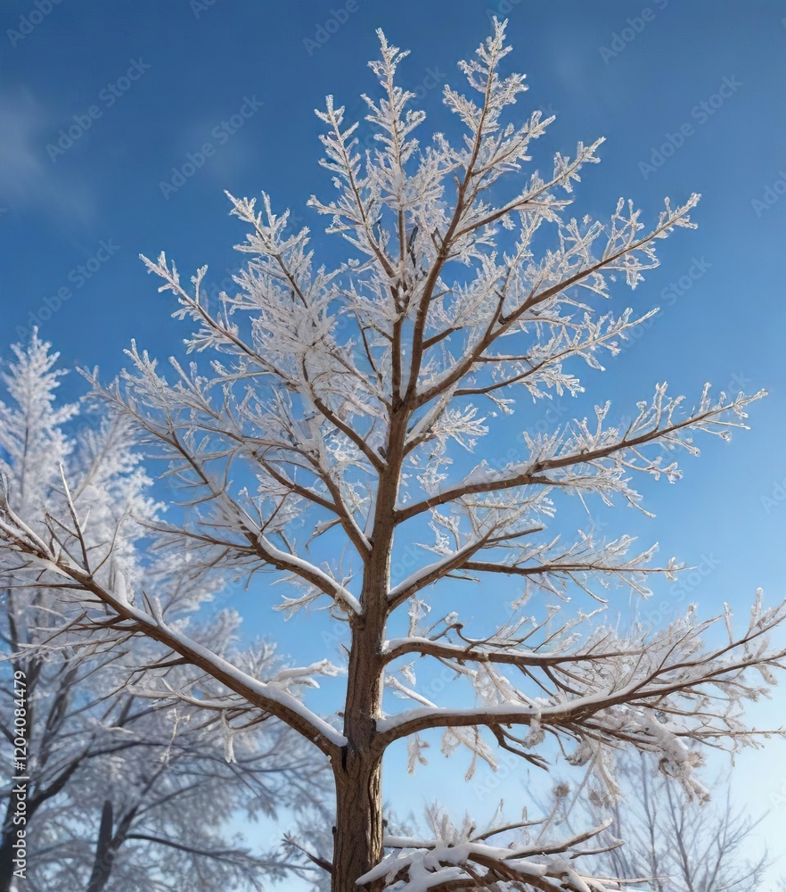 Snowflakes gently fall on the branches of a bare Christmas tree against a clear blue sky, snow covered trees, snowflakes falling, frosty atmosphere Snowflakes gently fall on the branches of a bare Christmas tree against a clear blue sky, snow covered trees, snowflakes falling, frosty atmosphere