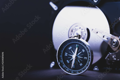 Searching for information on HDD. Compass and computer hard drive. Search for cryptocurrency. Bitcoin mining..
