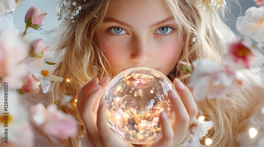 Naklejka premium Ethereal Young Woman with Long Blonde Hair Holding a Crystal Ball Surrounded by Floral Background