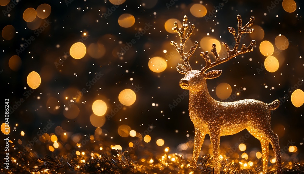 Golden reindeer figurine on glittering garland with bokeh lights. Golden reindeer figurine on glittering garland with bokeh lights.