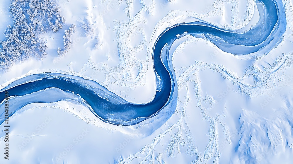 Aerial View Of A Winding River In A Snowy Landscape
