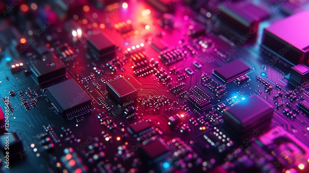 Close-up Circuit Board Glowing Pink and Blue Close-up Circuit Board Glowing Pink and Blue