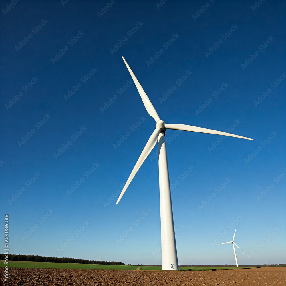 wind turbine against blue sky. Low angle of wind turbine against bright blue sky. Renewable or green energy concept. landscape of windmill with sunlight and almost clear sky. wind turbine against blue sky. Low angle of wind turbine against bright blue sky. Renewable or green energy concept. landscape of windmill with sunlight and almost clear sky.
