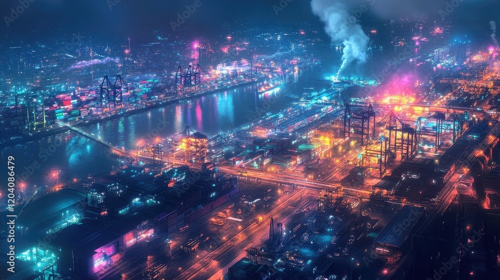 Fototapeta premium Aerial night view of a busy container port, vibrant lights, nighttime freight