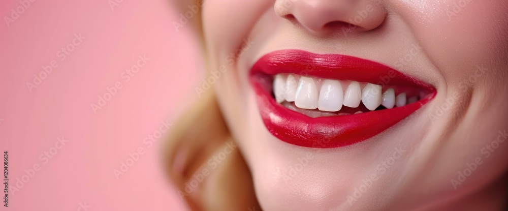 Naklejka premium Close-up smile, red lipstick, pink background. Dental health ad