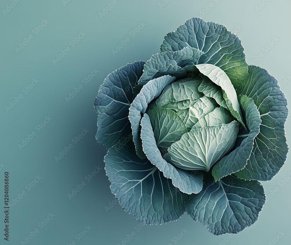 Obraz premium A Single Head Of Green Cabbage On A Teal Background