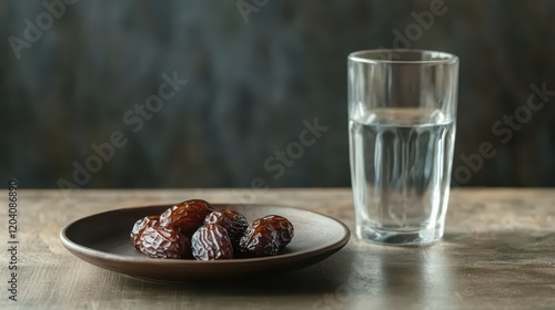 Ramadan fasting essentials with dates and water on wooden table. Horizontal banner. Copy space. A glass of water and plate with dates on a grey background photo