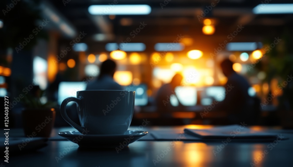 A White cup on a table at the office with workers blurred in background at night A White cup on a table at the office with workers blurred in background at night