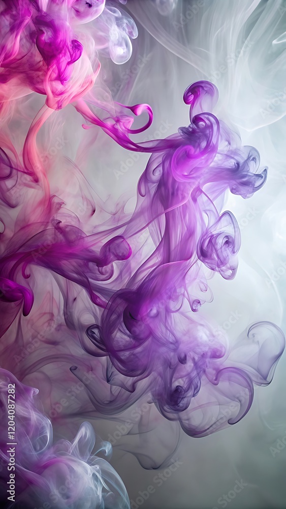Fototapeta premium Vibrant swirls of purple and pink hues amidst wispy tendrils of smoke against a soft gray background