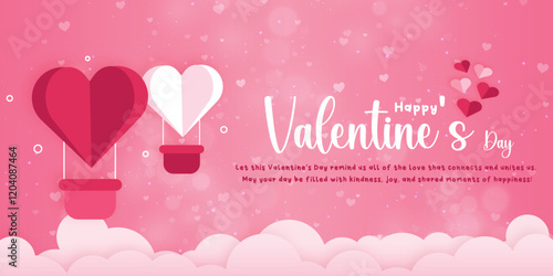 Horizontal banner with pink sky and paper cut clouds. Place for text. Happy Valentine's day sale header or voucher template with hearts. Rose cloudscape border frame pastel colors.