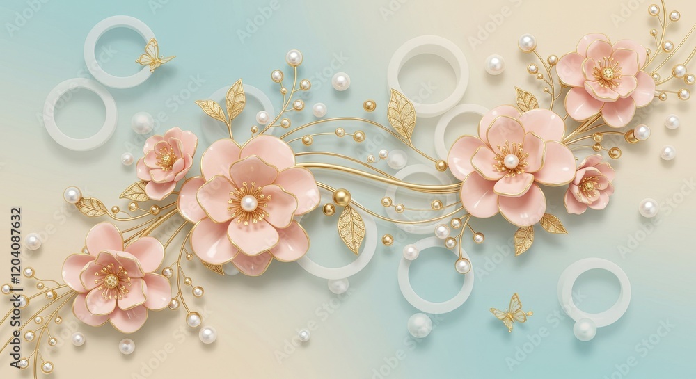 A delicate 3D illustration of pastel-colored flowers in soft pink, peach and gold tones A delicate 3D illustration of pastel-colored flowers in soft pink, peach and gold tones
